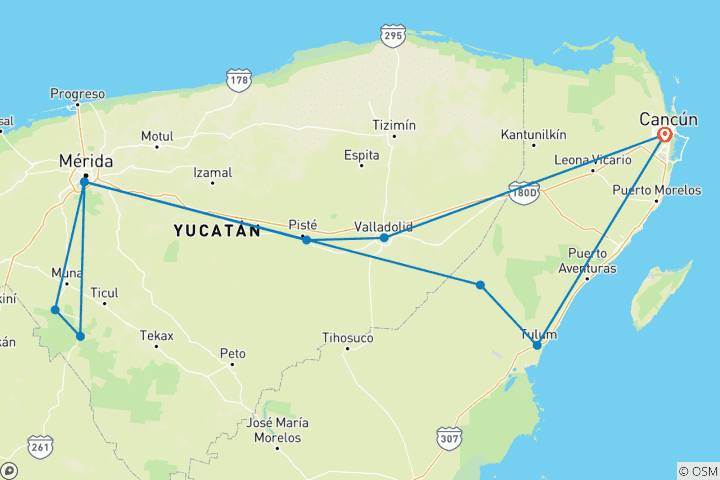 Carte du circuit Expéditions Maya II de 3 jours au Mexique : Cités anciennes et trésors coloniaux