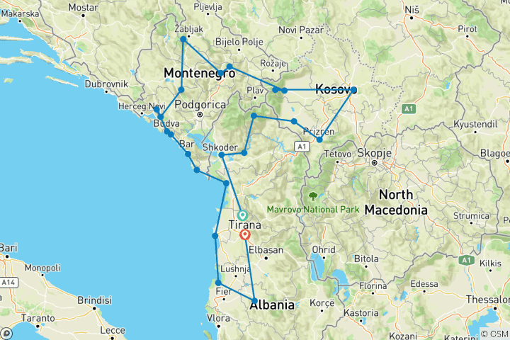 Karte von Abenteuer, einzigartige Landschaften & Geschichte auf dem Balkan 13 Tage