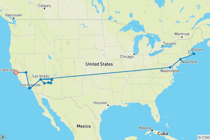 Karte von Essential East & West Coast Explorer - 13 Tage