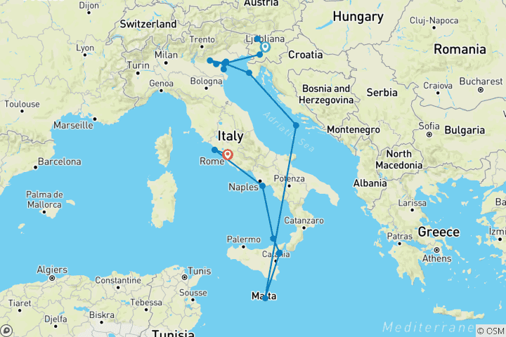 Kaart van Het beste van Italië, Kroatië & Malta met Slovenië (2027) (Ljubljana naar Civitavecchia, 2027)