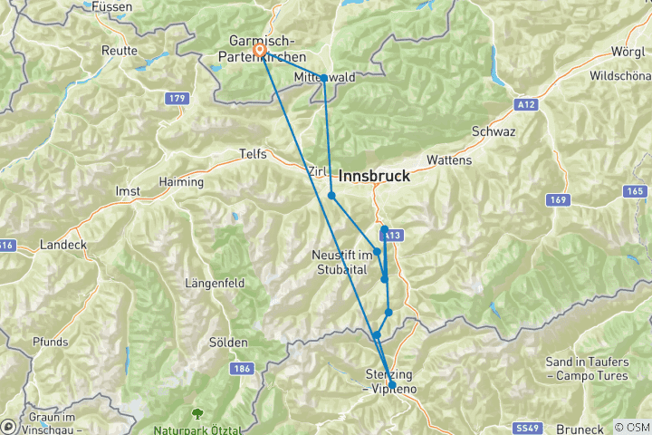 Karte von Geführte Alpenüberquerung von Garmisch nach Sterzing
