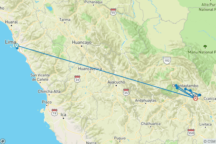 Carte du circuit Forfait vacances 7 jours au Pérou