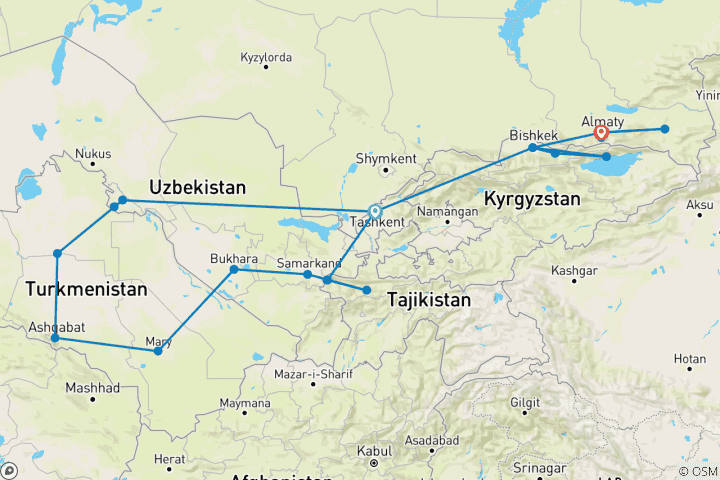 Mapa de Viaje panorámico de 19 días por Asia Central y los 5 Stanes en grupo reducido Hotel 4 estrellas（Máximo 16）
