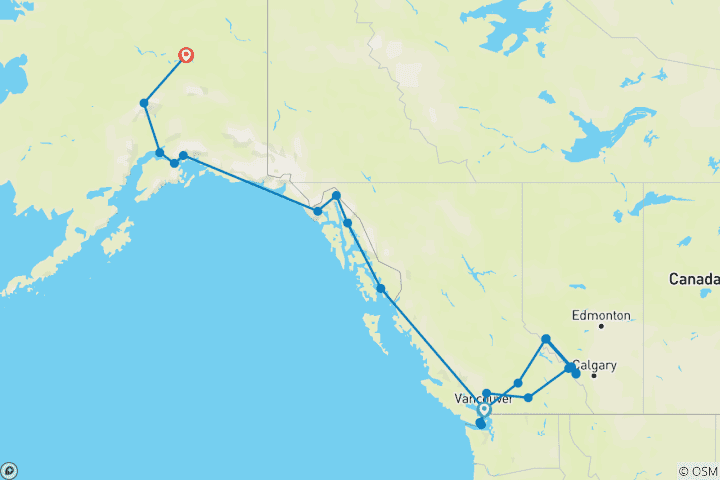 Carte du circuit Aventure dans les Rocheuses et en Alaska Vancouver → Fairbanks (2027)