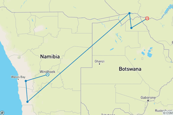 Carte du circuit 11 jours désert du Namib, Sossusvlei, Chobe et chutes Victoria (les points forts de la Namibie, du Botswana et du Zimbabwe)