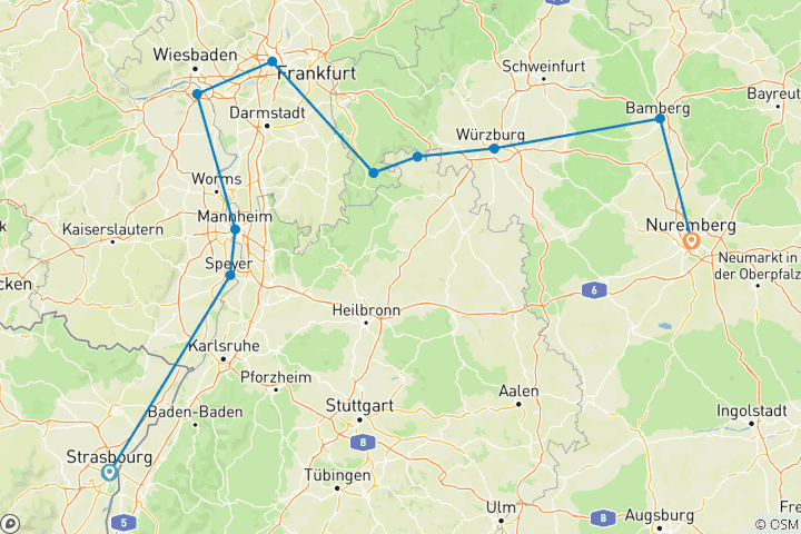 Carte du circuit La magie de l'Avent sur le Rhin et le Main (Strasbourg - Nuremberg)