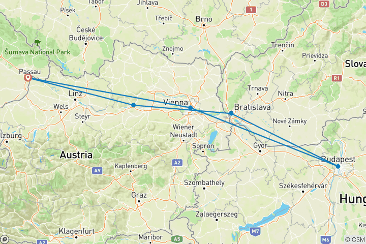 Karte von Silvesterkreuzfahrt auf der Donau - AMADEUS Nova (Passau - Passau) (6 Destinationen)