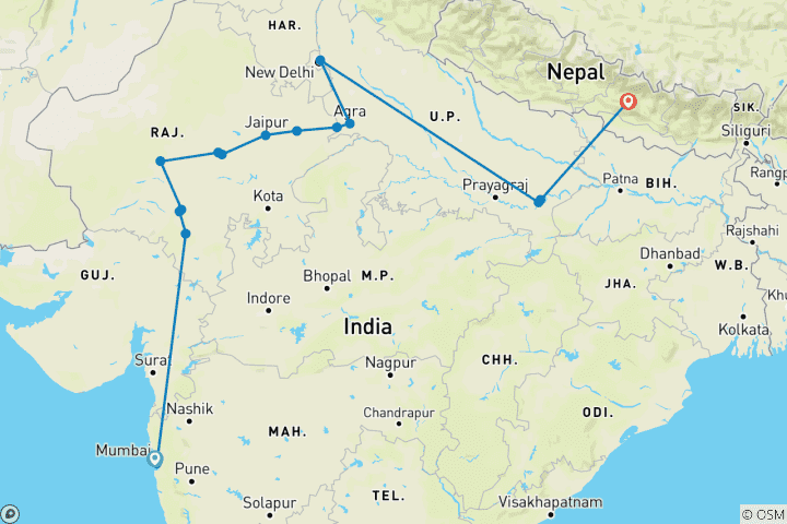 Karte von Indien mit Nepal Heri Tage Trails von G Experiences