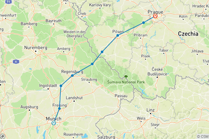 Karte von Radtour von München nach Prag