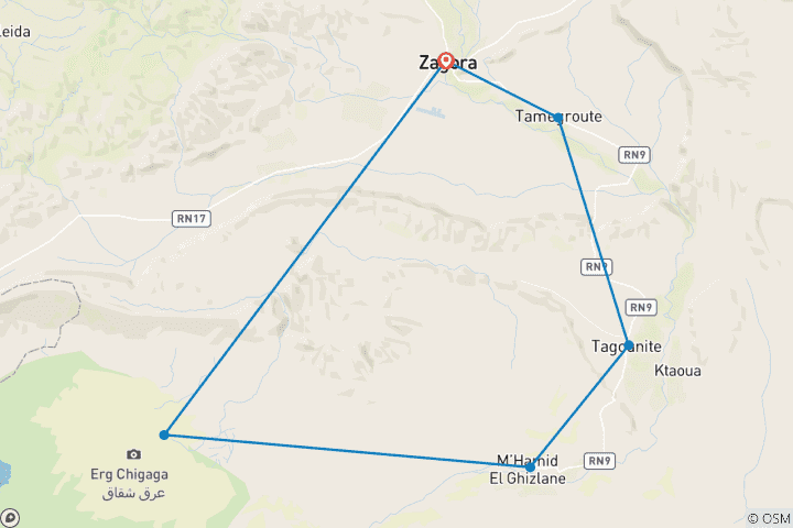Mapa de Excursión privada de 2 días y 1 noche por el desierto de Zagora a Erg Chigaga