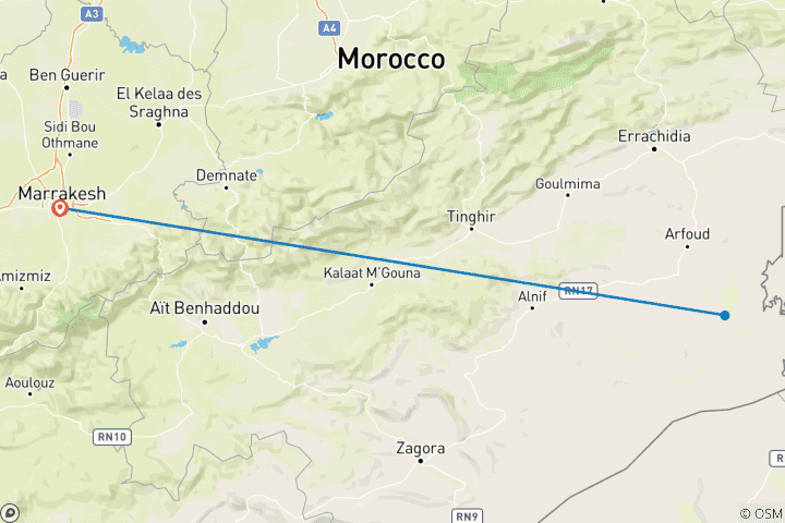 Map of 3 days in Merzouga by jet from Marrakech