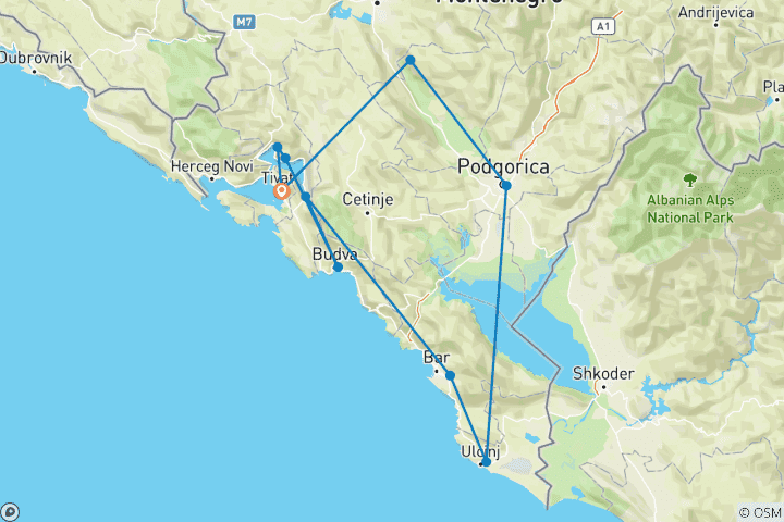 Map of Montenegro: an off-season discovery 6-day tour from Tivat. Experience UNESCO sites, the spectacular Bay of Kotor, walled historic towns, Venetian legacies, centuries-old coastal towns, monasteries, and fortresses. Enjoy the Adriatic Sea at its best!