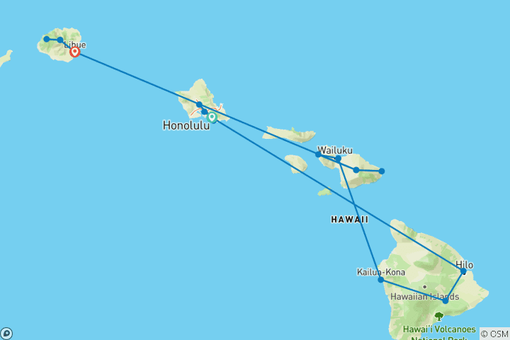 Carte du circuit Grand Hawaiian Adventure Four Islands comprenant O'ahu, Big Island, Maui et Kauai (Honolulu, HI à Lihue, HI) (2027)