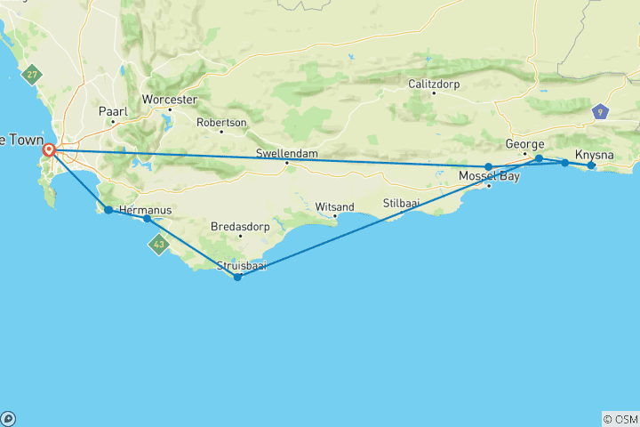 Karte von 3 Tage Tip of Africa zur Garden Route + Safari