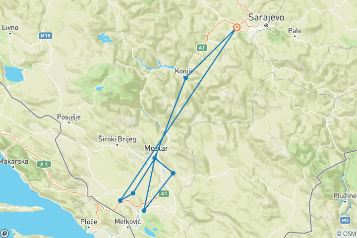 Map of Bosnia. Year-round 3-day Micro-tour across Bosnia from Sarajevo. Visit Medjugorje. UNESCO sites, beautiful waterfalls and stone bridges. Cultural immersion. Plenty of architecture, history and nature. Unforgettable flavors. Unique blend of cultures.