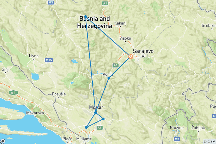 Carte du circuit Les points forts de la Bosnie. Tout au long de l'année, micro-tour de 3 jours à travers la Bosnie au départ de Sarajevo. Sites de l'UNESCO, paysages époustouflants et ponts de pierre. Immersion culturelle. Beaucoup d'architecture, d'histoire et de n…