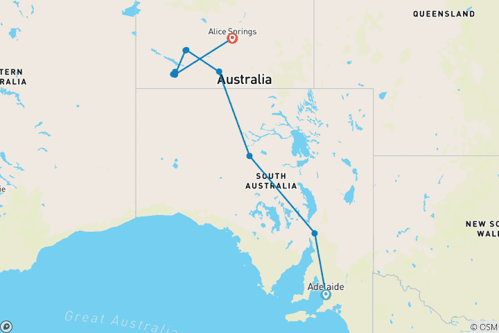 Carte du circuit Circuit de 7 jours avec hébergement d'Explorers Way d'Adélaïde à Alice Springs