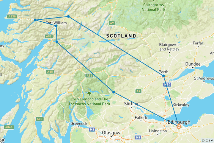Carte du circuit Au départ d'Édimbourg : excursion d'une journée au viaduc de Glenfinnan, aux Hairy Coos et aux Highlands