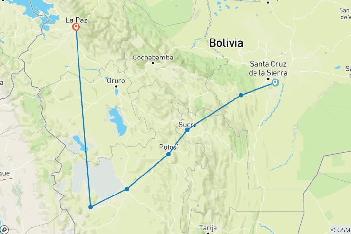 Carte du circuit 10 jours Bolivie essentielle et naturelle : de Santa Cruz au salar d'Uyuni