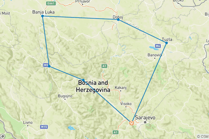 Kaart van Bosnië Het hele jaar door off-the-beaten-path 6-daagse rondreis vanuit Sarajevo. Verken UNESCO sites en middeleeuwse juweeltjes. Erfenis van het Ottomaanse Rijk. Indrukwekkende landschappen. Stap terug in de tijd. Dwaal door de versterkte steden van