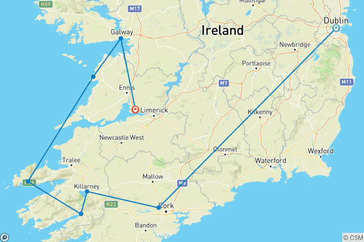 Carte du circuit Le meilleur de l'Irlande du Sud (circuit C) - 6 jours/5 nuits