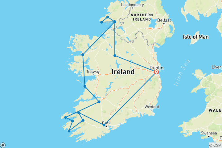 Mapa de Ruta del Atlántico salvaje de Irlanda - 10 días /9 noches (16 destinations)