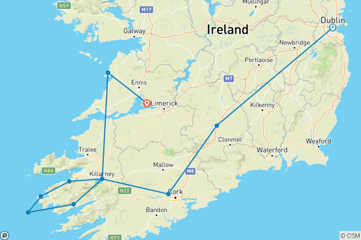 Karte von Kostprobe Irland (Tour B, 6 Tage/5 Nächte) (von Dublin bis Shannon)
