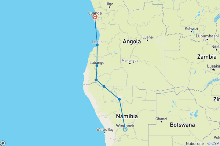 Carte du circuit Circuit pionnier de 19 jours en Angola et en Namibie (vers le nord)