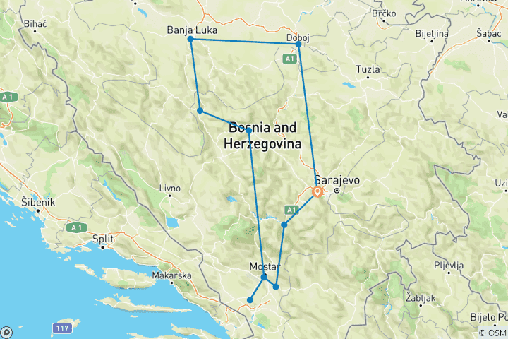 Map of Bosnia. Year-round discovery 7-day tour from Sarajevo. Off the beaten path: Untouched nature, deep history and authentic experiences. Ottoman Empire and Austro-Hungarian legacy. Escape the crowds. Step back in time. Unforgettable flavors. Hidden gem.