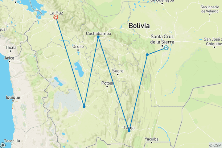 Carte du circuit 11 jours de dégustation de vins et de boissons locales en Bolivie