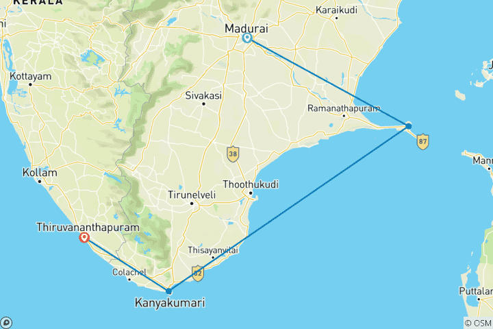 Carte du circuit 3 Nuits 4 Jours Madurai, Rameshwaram, Kanyakumari & Trivandrum Tour