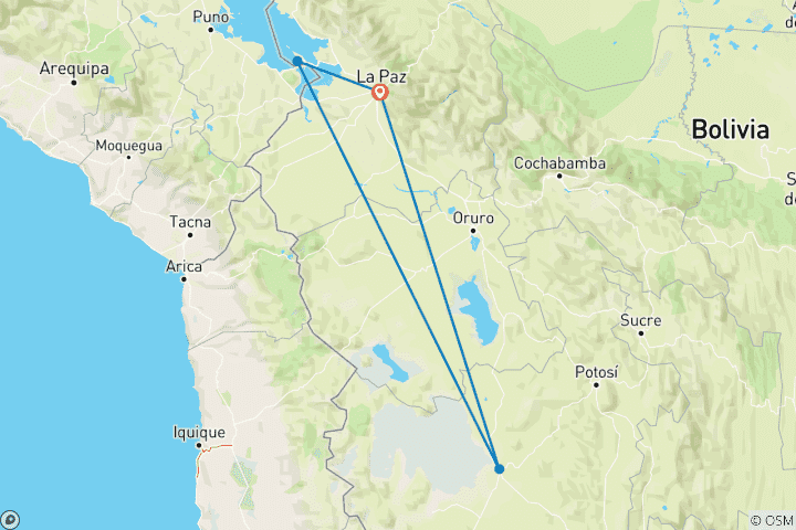 Carte du circuit 10 jours L'essence de la Bolivie : culture, gastronomie et paysages uniques