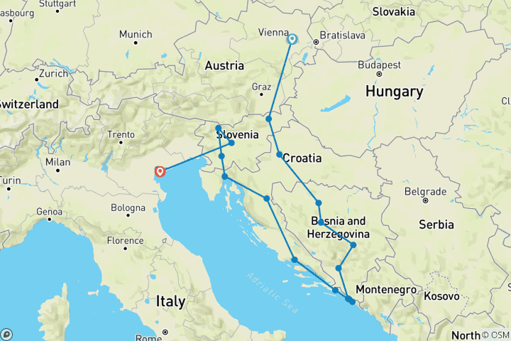 Carte du circuit L'Est de l'Europe et Venise (21 destinations)