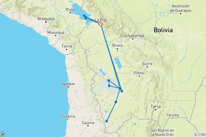 Kaart van Bolivia Handtekening Reis: La Paz, Zonne-eiland & Uyuni - 7 dagen