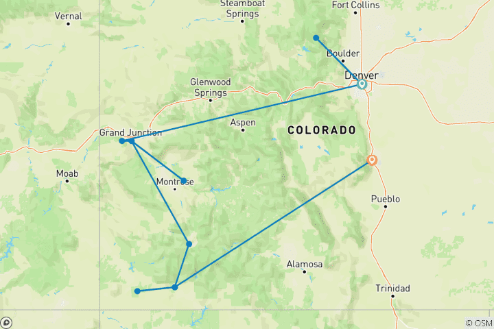 Karte von Die Colorado Rockies mit ihren Nationalparks & historischen Zügen Denver, CO bis Colorado Springs, CO