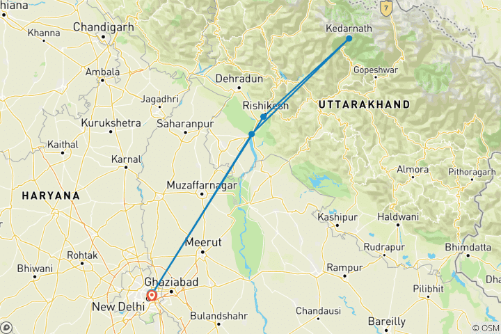 Carte du circuit Yatra privé de 7 jours à Kedarnath par Trek 2025 : Pèlerinage spirituel de Delhi au temple de Kedarnath, Rishikesh, Haridwar Ganga Aarti et randonnée dans l'Himalaya