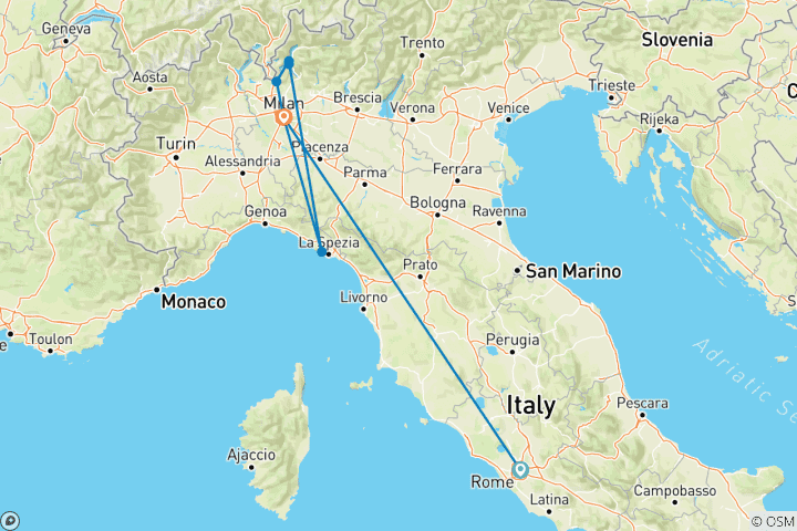 Carte du circuit L'Italie emblématique : Rome, Milan, les lacs italiens et Cinque Terre - 7 jours