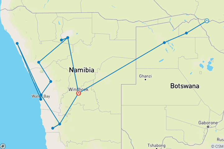 Karte von Ultimative Wüsten- & Delta-Safari 17 Tage Simbabwe - Botswana - Namibia Victoria Falls - Okavango Delta - Namib Wüste - Damaraland - Etosha