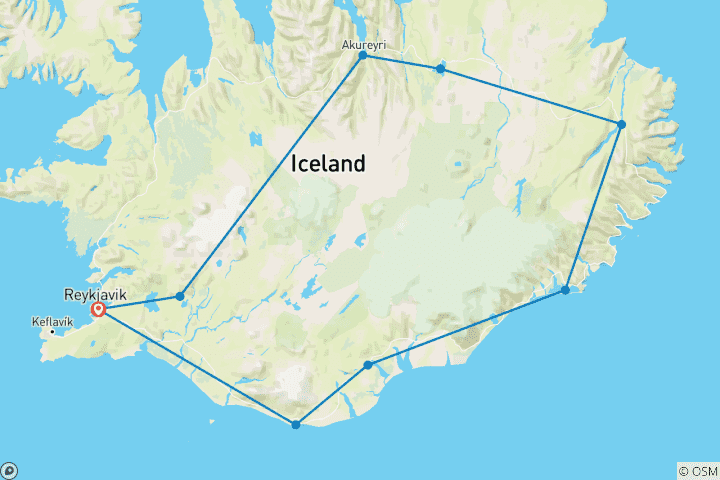 Mapa de Viaje Escénico Multiactividad por Carretera en Automóvil por Islandia - 9 Días