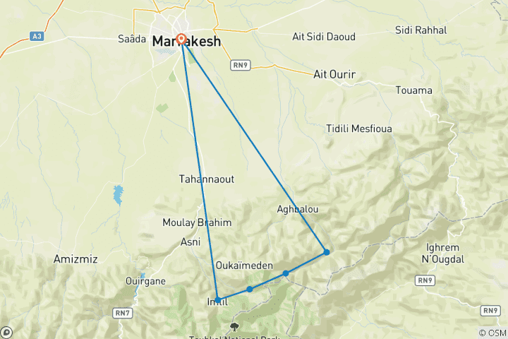 Kaart van Luxe 3-daagse privétrektocht van Imlil naar Orika in het Atlasgebergte
