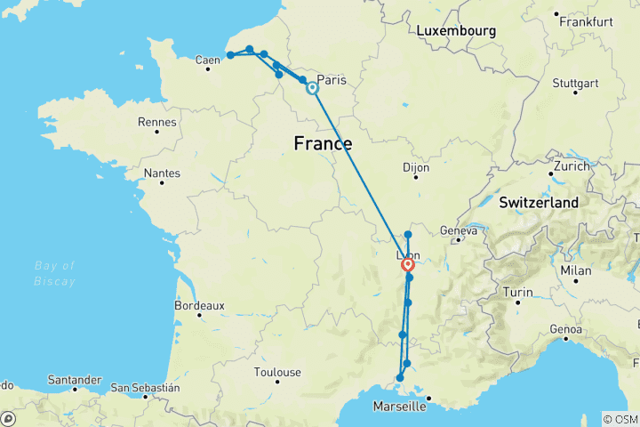 Mapa de Normandía y Gemas del Sena y Espectacular Sur de Francia 2026 - 21 Días (16 destinations)
