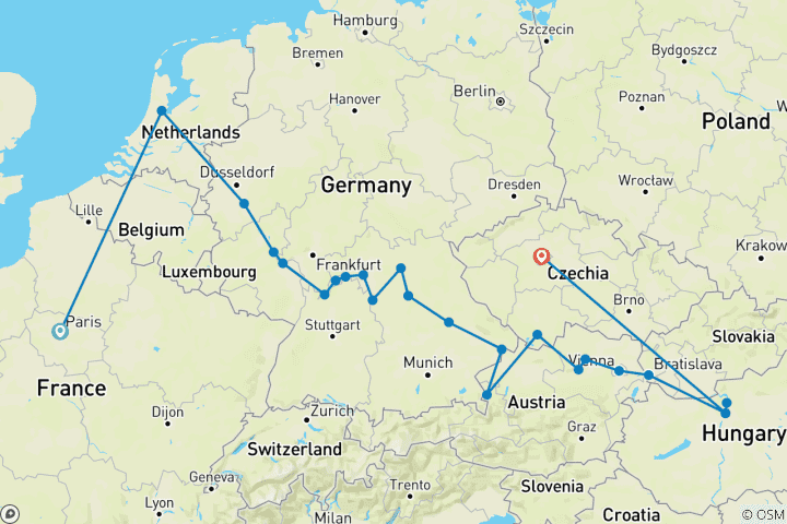 Mapa de De Praga a París y Mercados Navideños de Europa 2027 - 21 Días (from París to Praga)