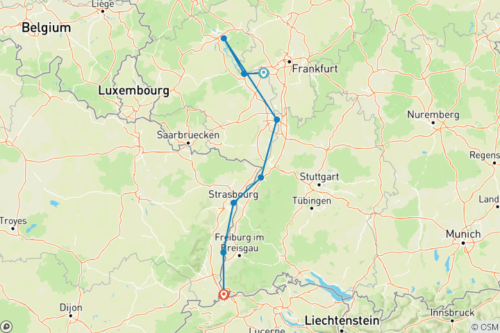 Carte du circuit Le Rhin majestueux : Croisière bière et vin 2027 - 8 jours (from Mayence to Bâle)