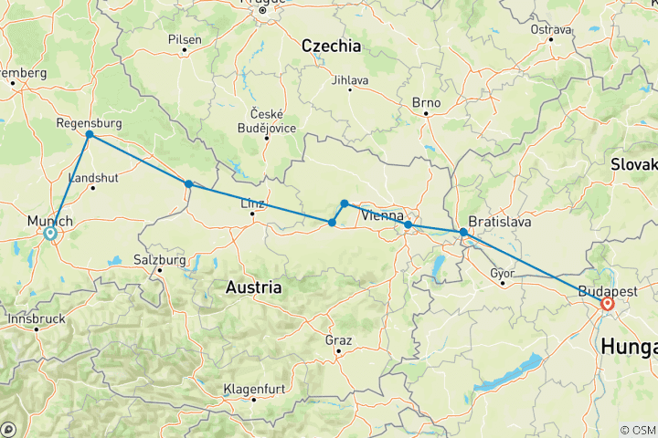 Map of Danube Delights 2027 - 8 Days (from Regensburg to Budapest)