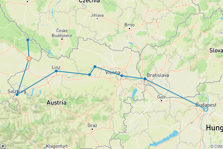 Kaart van Kerstmarkten aan de Donau 2027 - 8 Dagen (van Budapest naar Passau)