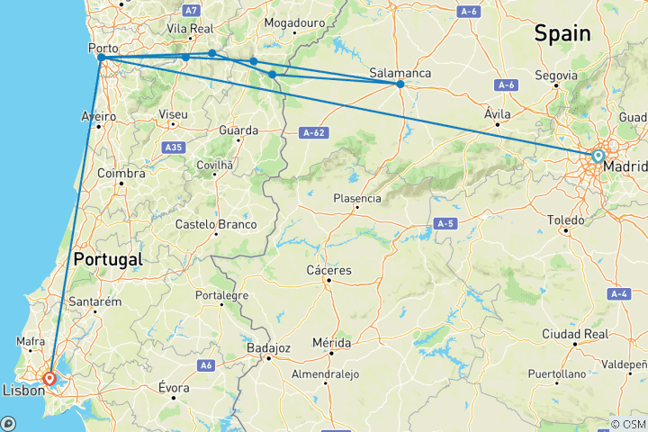 Kaart van Madrid naar Lissabon & Geheimen van de Douro 2027