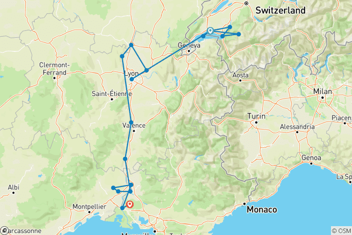 Carte du circuit Sensations de Lyon et de la Provence avec les montagnes suisses 2027