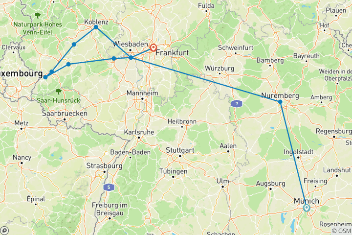 Carte du circuit Franconie et Bavière romantiques et Rhin et Moselle légendaires 2027 - 11 jours (from Munich to Francfort-sur-le-Main)