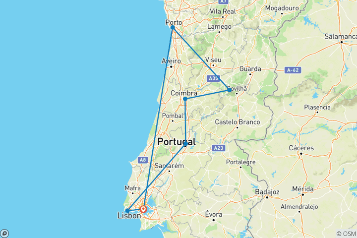 Mapa de Viaje panorámico y multiactividad en coche por Portugal - 9 Días
