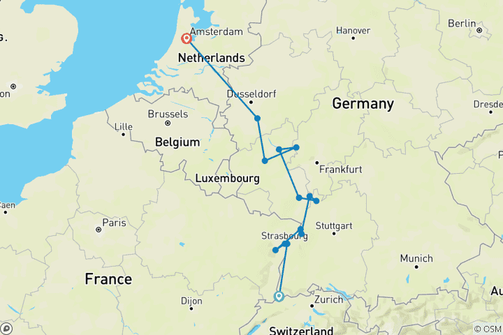 Carte du circuit Points forts du Rhin 2026 - 8 jours (28 destinations)